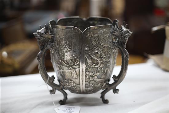 A late 19th/early 20th century Chinese Export silver small jardinere, on three dragon handle supports by Wang Hing, Hong Kong.
